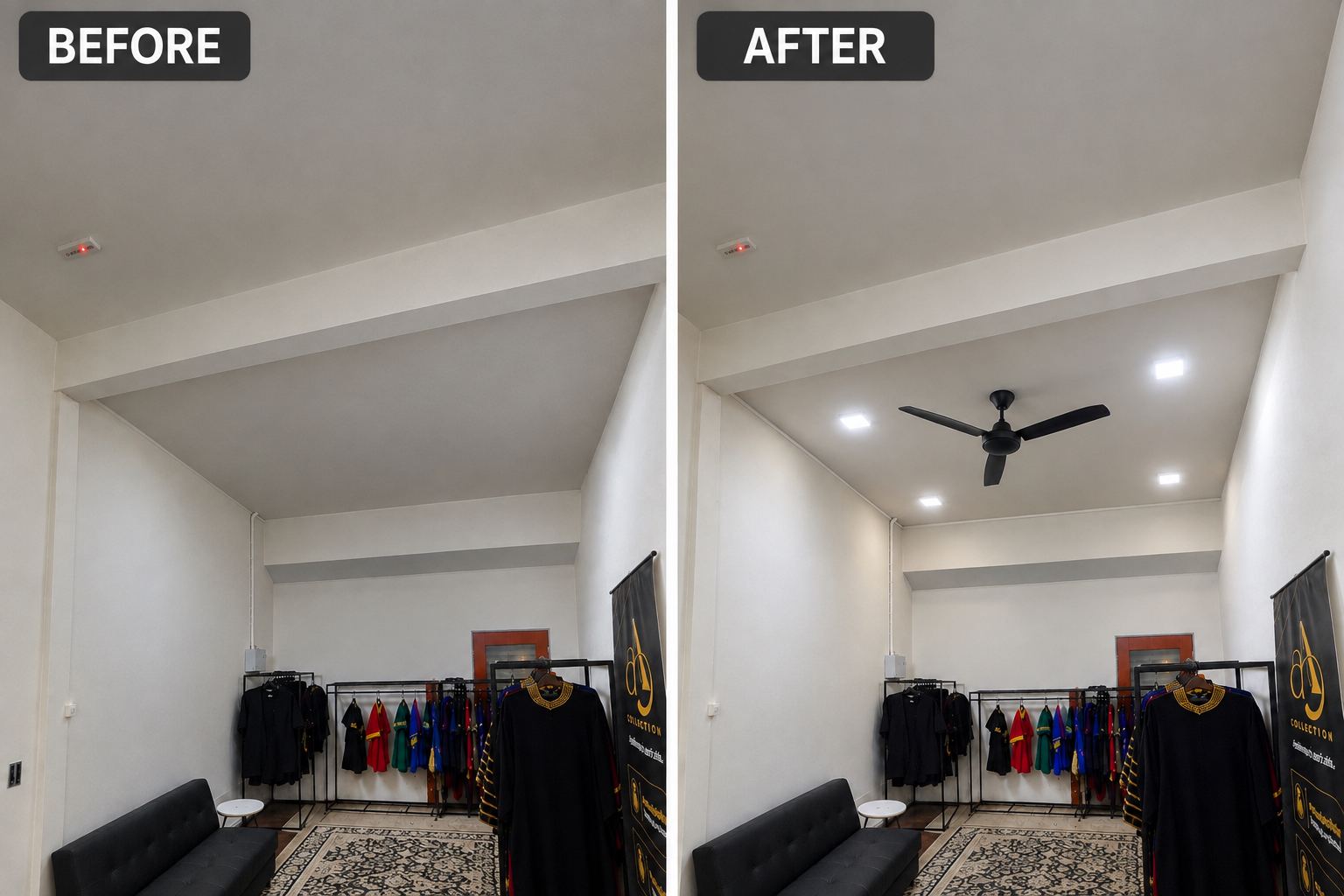 Before and after: ceiling fan and downlights installed